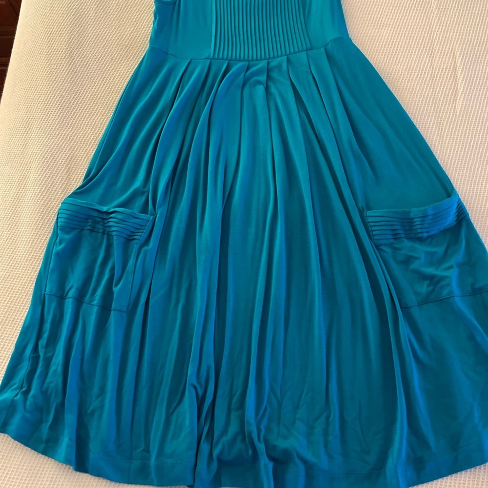 Ellen Tracy A-Line Empire Waist Pleat Detail Turquoise Sundress - Picture 5 of 5